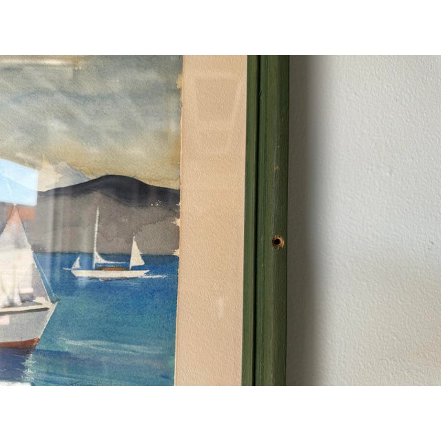 1970's Vintage Watercolor Fishing Boat Nautical Landscape Painting, Framed For Sale - Image 9 of 11