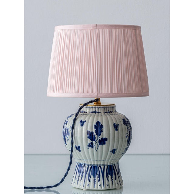 Antique Hand-Painted Chinoiserie Blue and White Ceramic Table Lamp with Silk Shade from Royal Delft, 1924 For Sale - Image 3 of 13