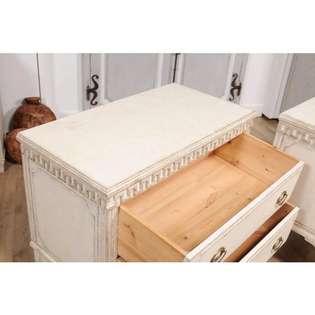 Off-white Gustavian Style 19th Century Painted Swedish Chests with Carved Greek Key Frieze - A Pair For Sale - Image 8 of 12