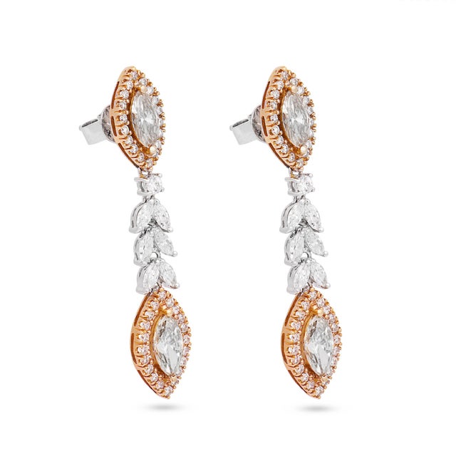 Modern Mid 20th Century Pair of Marquise Cut Diamond 18k Two Tone Gold Drop Earrings For Sale - Image 3 of 7