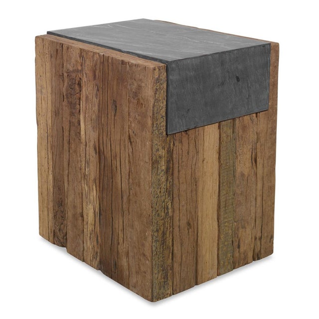 Rustic thick reclaimed pine wood side table with beautiful dark gray honed marble stone on the top and folded down the...