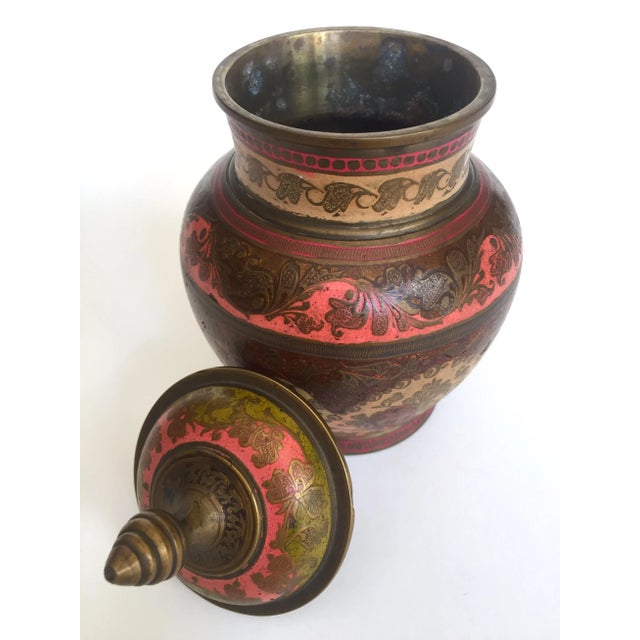 Various Artists Vintage Mid Century India Brass Incised Multicolor Enamel Incense Urn Lidded Jar For Sale - Image 4 of 13