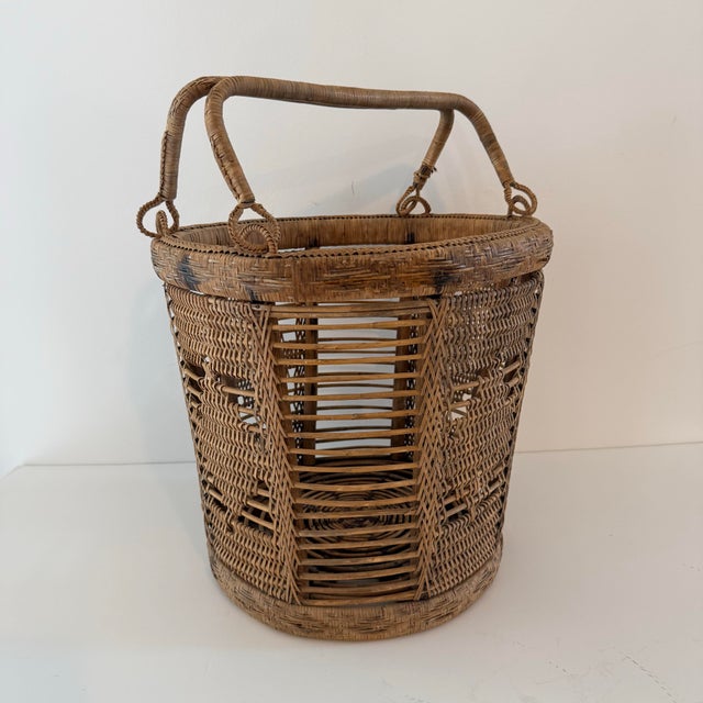 Vintage Handwoven Rattan Basket With Double Handles and Geometric Weave For Sale - Image 10 of 10