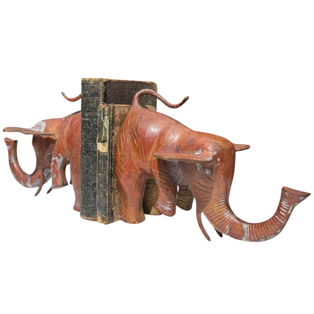 Mid-Century Modern Vintage Oversized Metal Elephant Bookends With Weathered Patina, Pair For Sale - Image 3 of 9