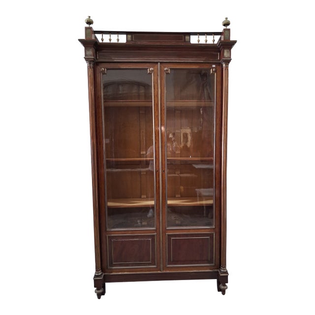 19th Century French Napoleon III Mahogany & Brass Mounted Library Bookcase With Original Glass For Sale