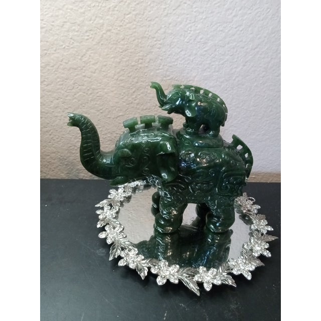 Asian 1970s Exquisite Carved Jade Prosperity Trunk Up Elephants Feng Shui Sculpture For Sale - Image 3 of 6