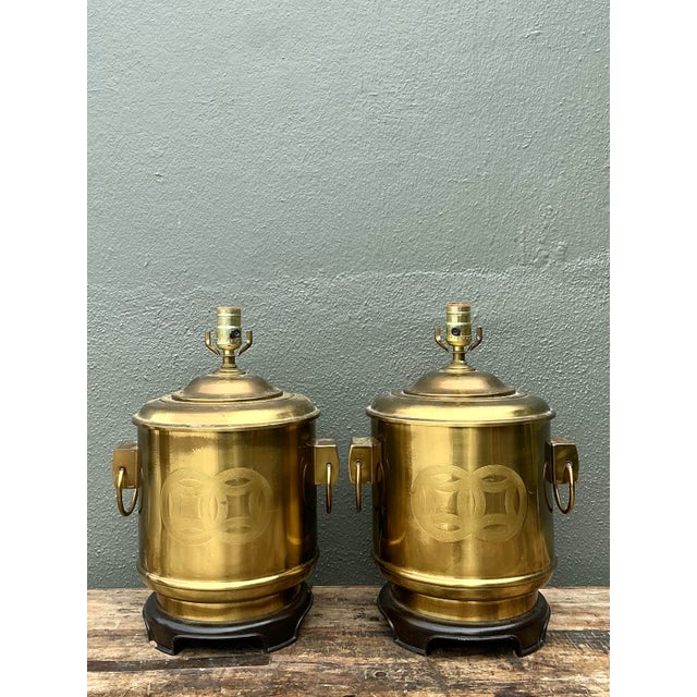 Chinoiserie Vintage Brass Medallion Ring Lamps - A Pair For Sale - Image 3 of 12