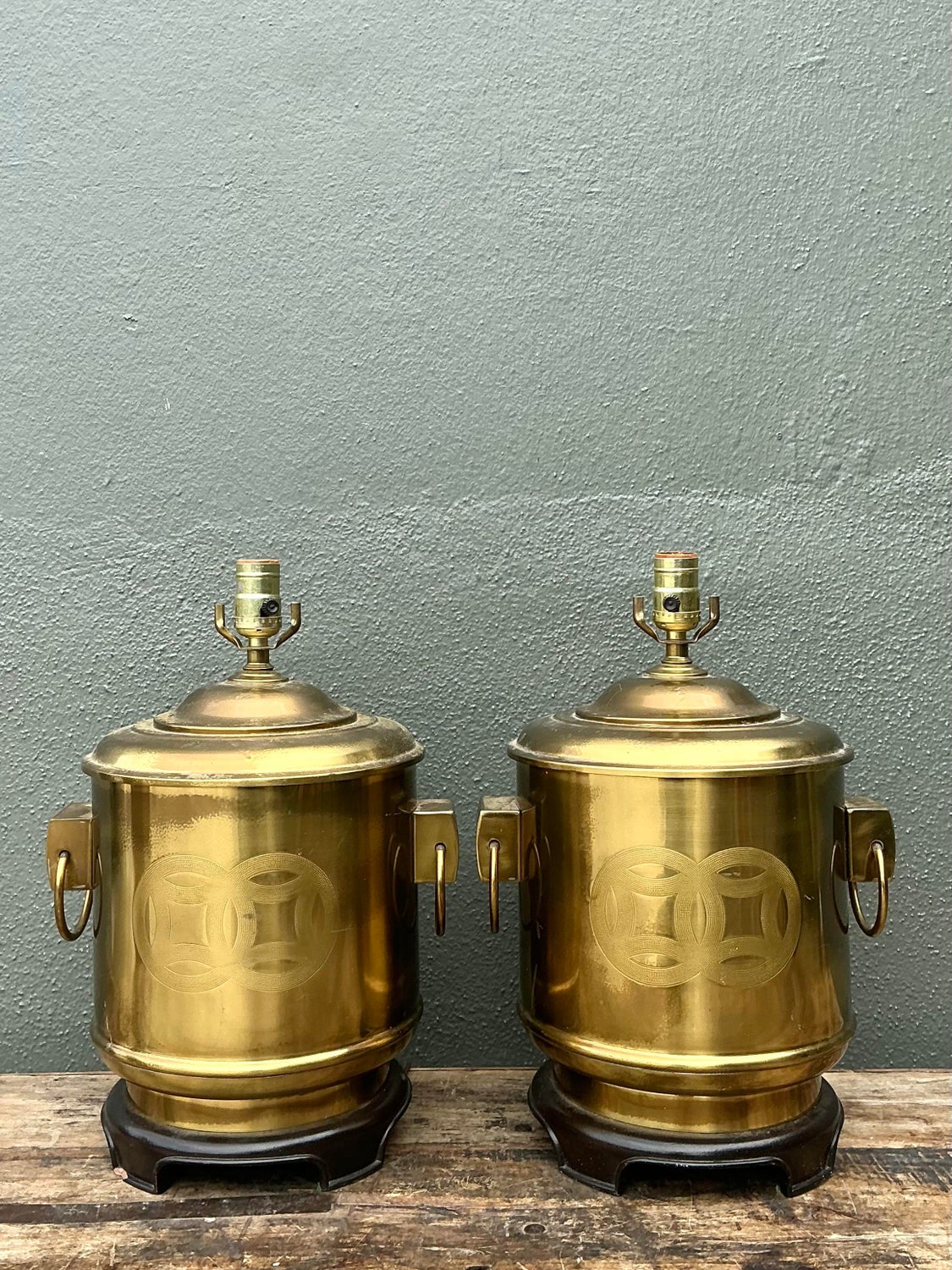 Vintage Brass Medallion Ring Lamps - A Pair - Side view