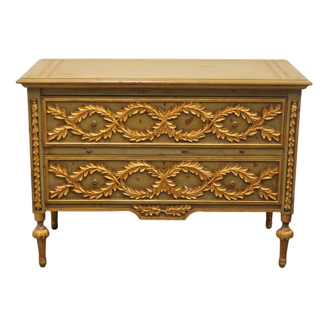 French Provincial Furniture Classics Louis XVI French Provincial 48" Green and Gold Media Chest W. Gilt Ormolu Style Decoration For Sale - Image 3 of 12