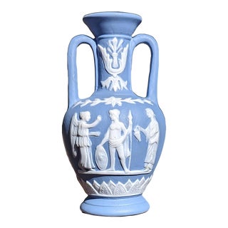 Early 1900s Antique Schafer & Vater Jasperware Bud Vase German Blue Amphora Shaped For Sale