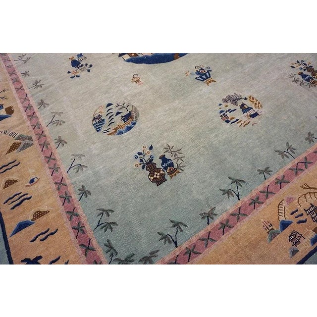 Textile 1920s Sky Blue Classical Pictorial Antique Chinese Peking Carpet 10'4" X 12'8" Knotted Wool Rug For Sale - Image 7 of 12