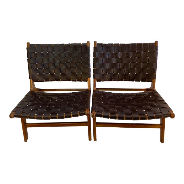 MidCentury Modern Teak Scandinavian Woven Leather Strap Lounge Chairs