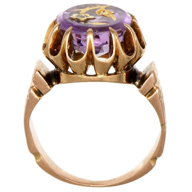 Mid 18th Century Mid 19th Century 14kr Victorian Inlaid Amethyst & Diamond Ring, Size 2 3/4 For Sale - Image 5 of 5