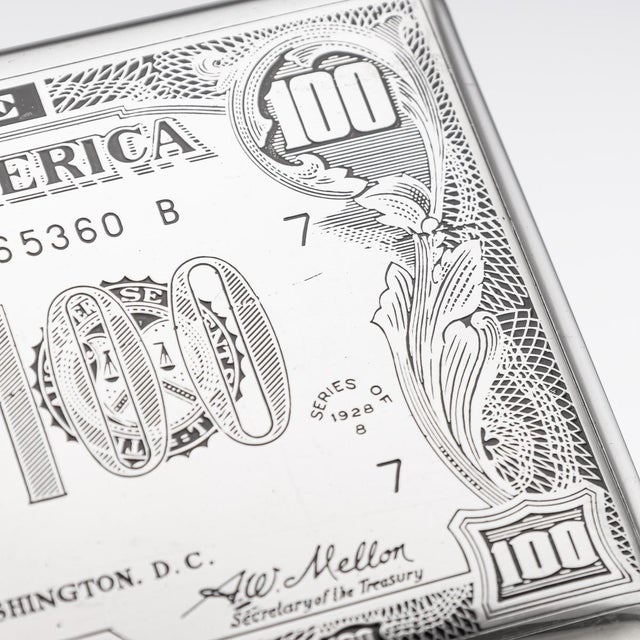 20th Century American Silver-Plated Cigarette Case & Lighter Shaped as a Hundred Dollar Bill , Set of 2 For Sale - Image 9 of 18