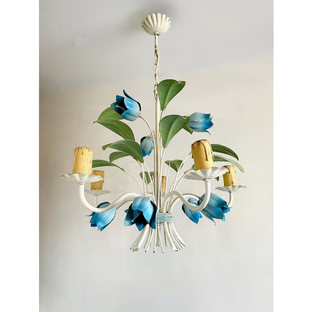 French Blue Tole Tulip 5-Light Chandelier, 1960s For Sale - Image 18 of 18