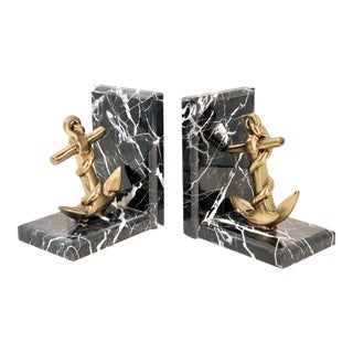 Mid 20th Century Brass Anchor Black Marble Bookends - a Pair For Sale