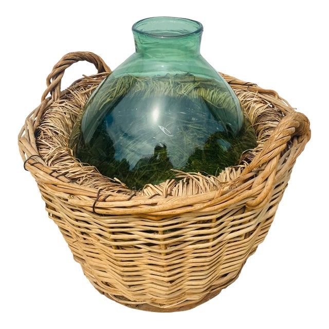 Vintage Hand Blown French Country Green Glass Jar With Basket. For Sale