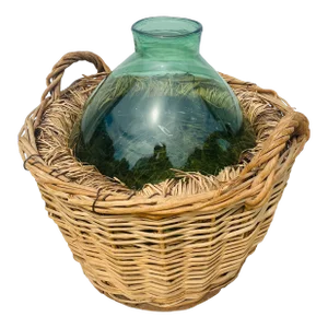 Vintage Hand Blown French Country Green Glass Jar With Basket.