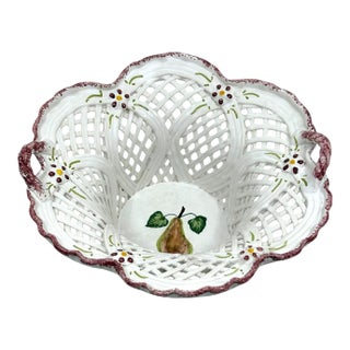 Hand Made White and Pink Reticulated Ceramic Basket Made in Portugal For Sale