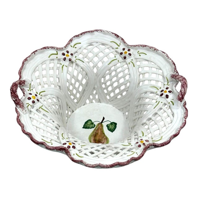 Hand Made White and Pink Reticulated Ceramic Basket Made in Portugal For Sale