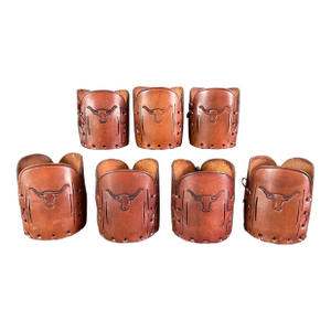 Vintage Western Style Leather Sleeves for Drinks Glasses/ Bottles Featuring Steers -Set of 7