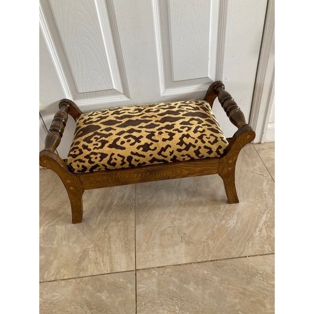 Beautiful vintage oak footstool with Scalamandre Leopardo leopard upholstery.