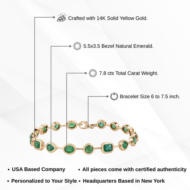 Designer 6.13ct Mixed Cut Bezel Set Emerald Contemporary Bracelet in 14k Gold For Sale - Image 13 of 18