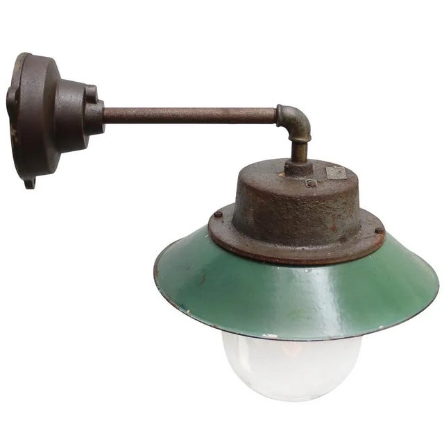Mid-Century Modern Vintage Industrial Clear Glass and Petrol Enamel Wall Light For Sale - Image 3 of 6