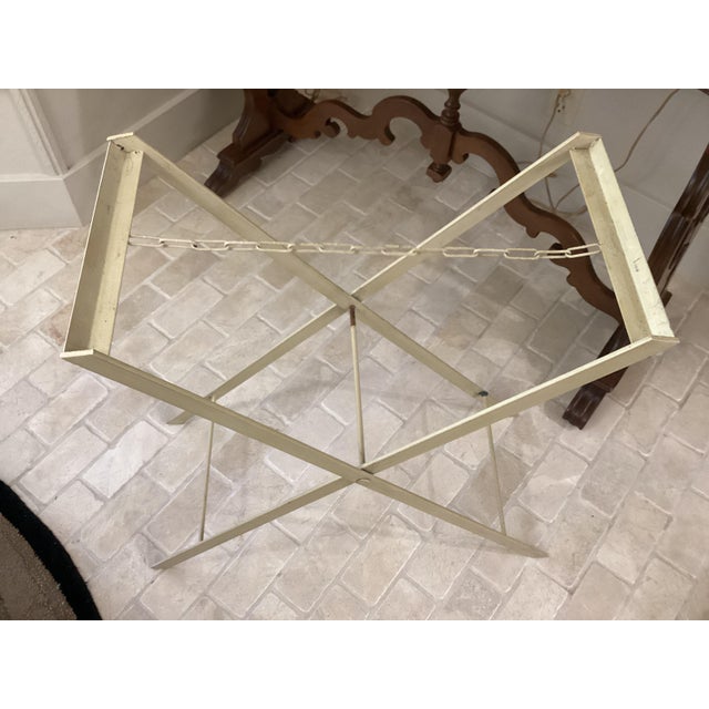 1950s Mid 20th Century Metal Laundry Ironing Basket on Collapsible Frame Newer Homemade Yellow Liner For Sale - Image 5 of 10