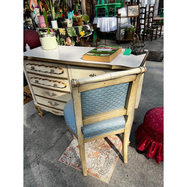 Wood Vintage Regency White Wooden Desk With Gold Accents and Matching Chair- Needs Reupholstery For Sale - Image 7 of 8
