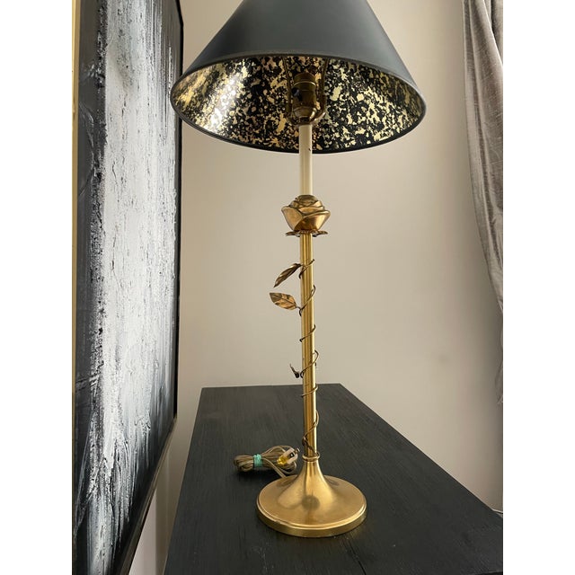 Hollywood Regency Vintage Brass Rose Table Lamp Twisted Vine Black Tole Shade Hollywood Regency For Sale - Image 3 of 12