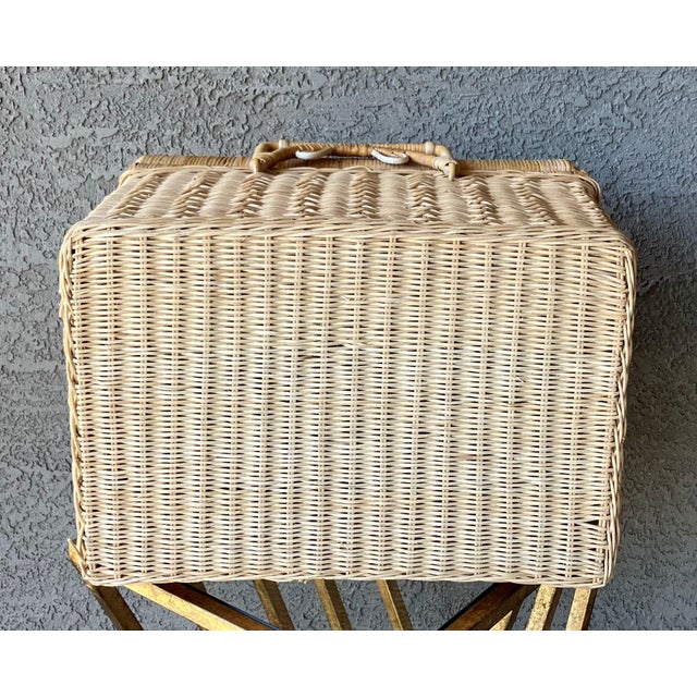 Circa 1970 Coastal Chic Nicely-Sized Decorative Rattan Sewing Basket With Folding Latch Handles For Sale - Image 13 of 15