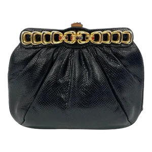 Judith Leiber Black Lizard Gold Chain Top Gemstone Clutch
