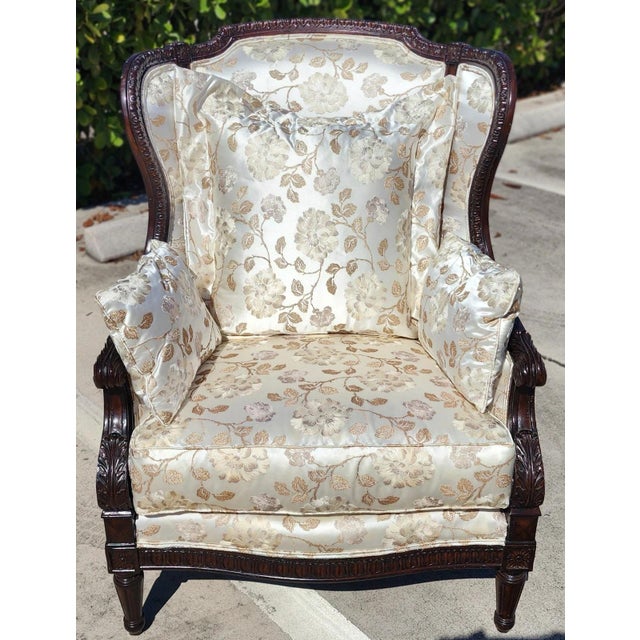 Hollywood Regency Marge Carson Wingback Chair Embroidered Silk With 7 Pillows For Sale - Image 3 of 16