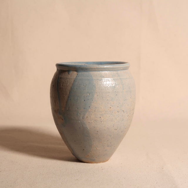 Contemporary Vintage Signed Artisan Thrown Studio Pottery Vase With Blue Drip Glaze and Organic Minimalist Form For Sale - Image 3 of 9