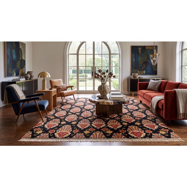 Elevate your space with this hand-knotted modern wool rug, featuring an intricate fusion of classical Italian Renaissance...
