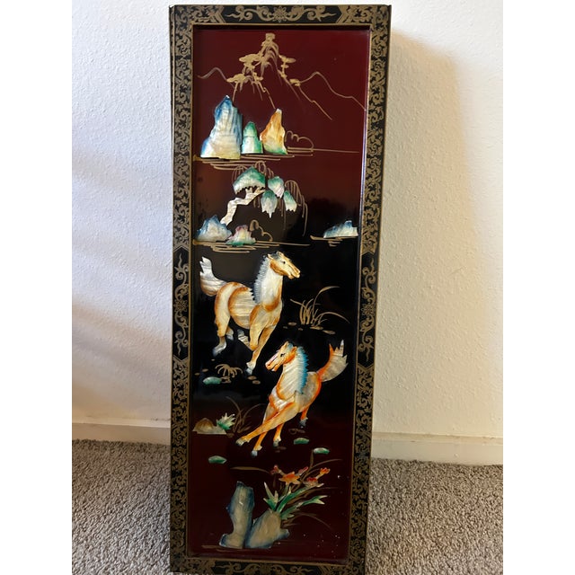 Shell Vintage Mid Century Chinese Mother of Pearl Inlaid Panels " Year of the Fire Horse' Set 4 For Sale - Image 7 of 7
