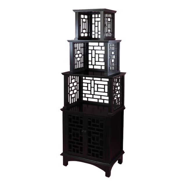 1970s Fretwork Ming Style Black Etagere For Sale