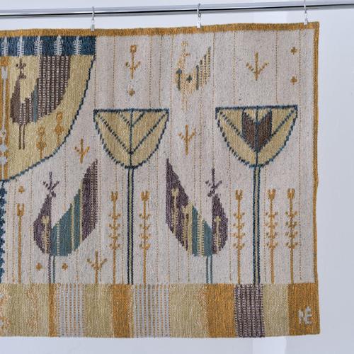 Mid-century Hungarian wool horizontal tapestry by Éva Németh, featuring a symmetrical folk-inspired composition with...