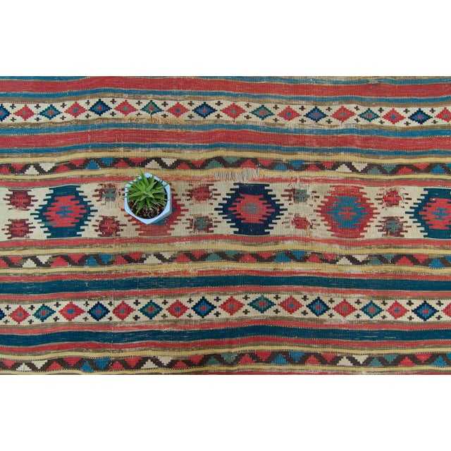Mid 19th Century 1880s Antique Large Kilim Rug Geometric Red Cream Blue Navy Wool Flatwoven Rug - 5'2" X 8'9" For Sale - Image 5 of 10