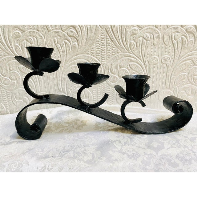 Mid-Century Handmade Black Iron 3 Flowers Candleabra With Scrolled Legs For Sale - Image 10 of 10