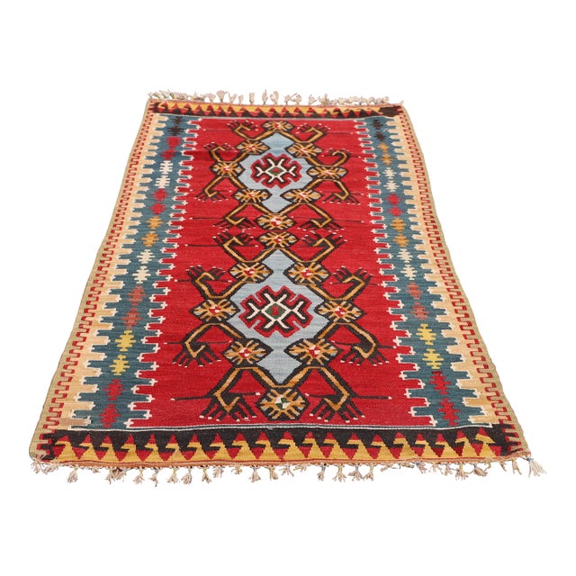 1980s Ethnic Turkish Hand-Knotted Abstract Pattern Kilim For Sale