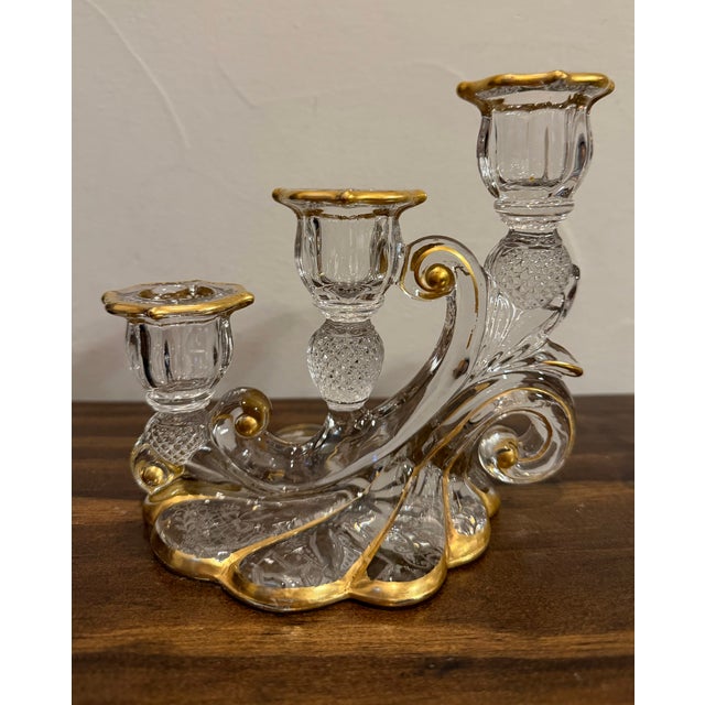 1930s Cambridge Glass Valencia Etched & Gilt 3-Light Candelabra – Pair For Sale In Dallas - Image 6 of 17