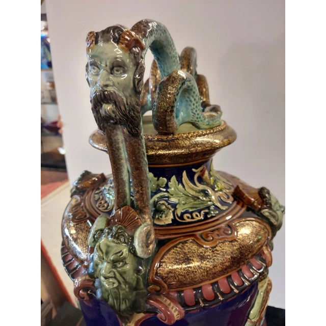 Italian Antique Late 19th Century Italian Tall Majolica Vase With Serpentine Handles For Sale - Image 3 of 10