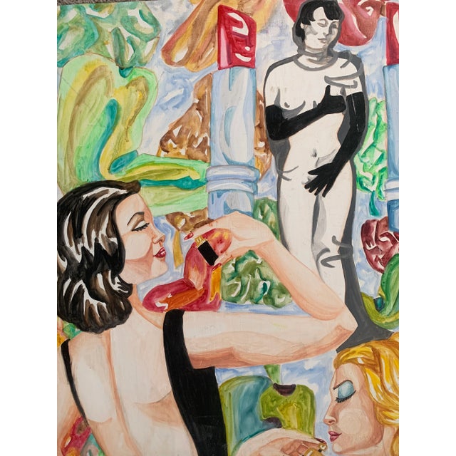 Contemporary 1990s Modernist Acrylic Colorful Painting on Wood of Women For Sale - Image 3 of 5