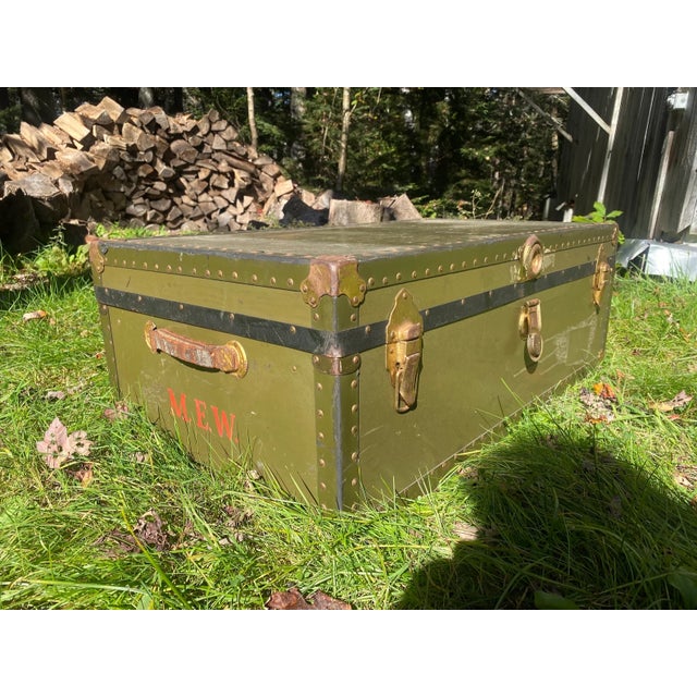 Vintage Trunk Measures: 31" L by 18" W and 12" H In good condition Wood Interior Sturdy Initialed on the side M.E.W