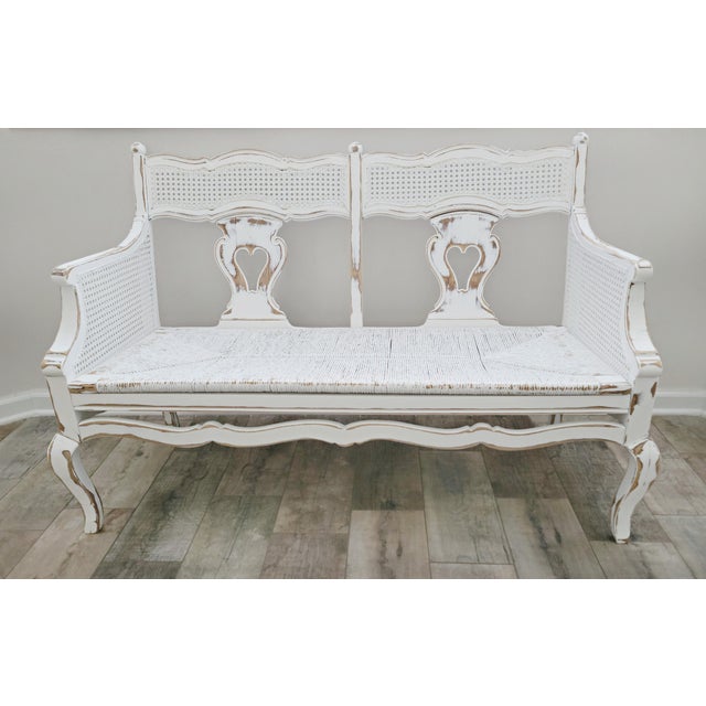 French Country Settee With Cane Accent & Rush Seat For Sale - Image 4 of 14