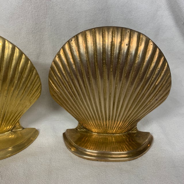 Hollywood Regency Vintage Solid Brass Clam Seashell Bookends - Pair For Sale - Image 3 of 5