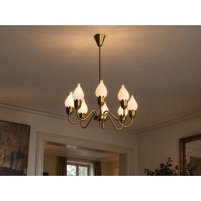 Fog & Mørup, Danish Mid-Century Modern, Tulip Chandelier or Pendant Light, Opal Glass, Brass, Denmark, 1950s A tulip...