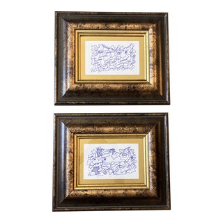 1980’s Vintage Original Wayne Cunningham Small Abstract Blue Ink Drawings Framed- Set of 2 For Sale